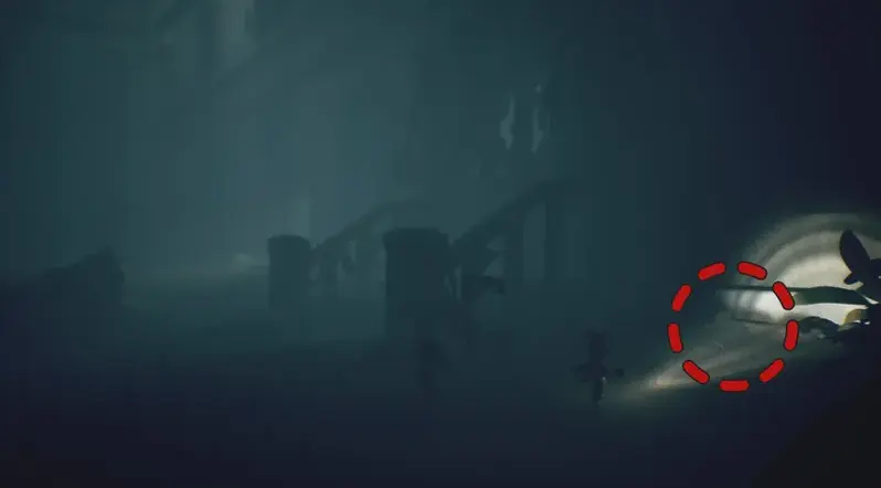 Emplacement du premier fantôme de Little Nightmares 3 près des escaliers de l'institut