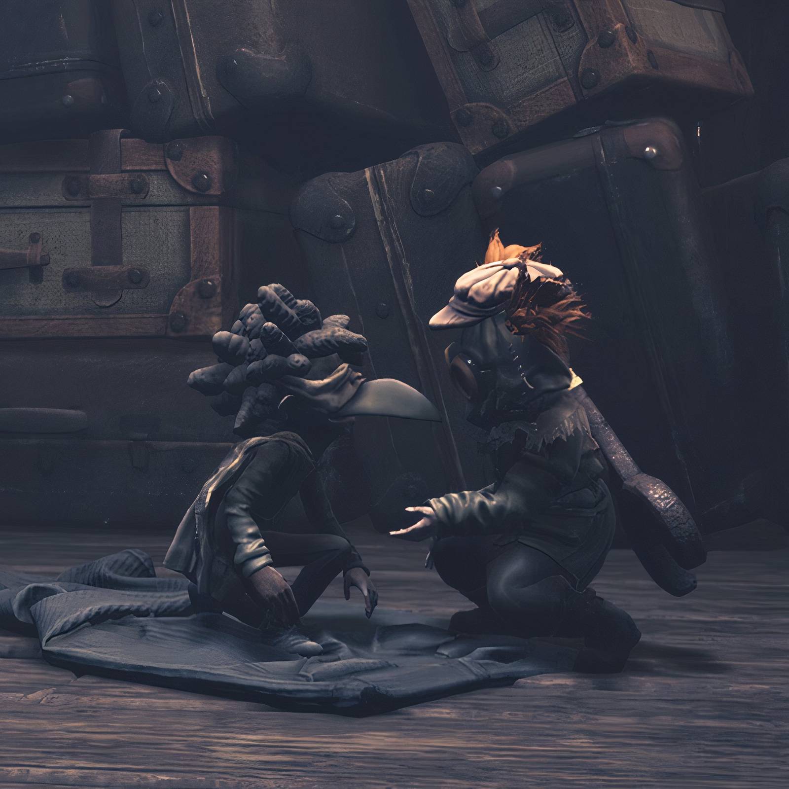 Alone-Charakter aus Little Nightmares 3 mit Zöpfen und Fliegerhelm