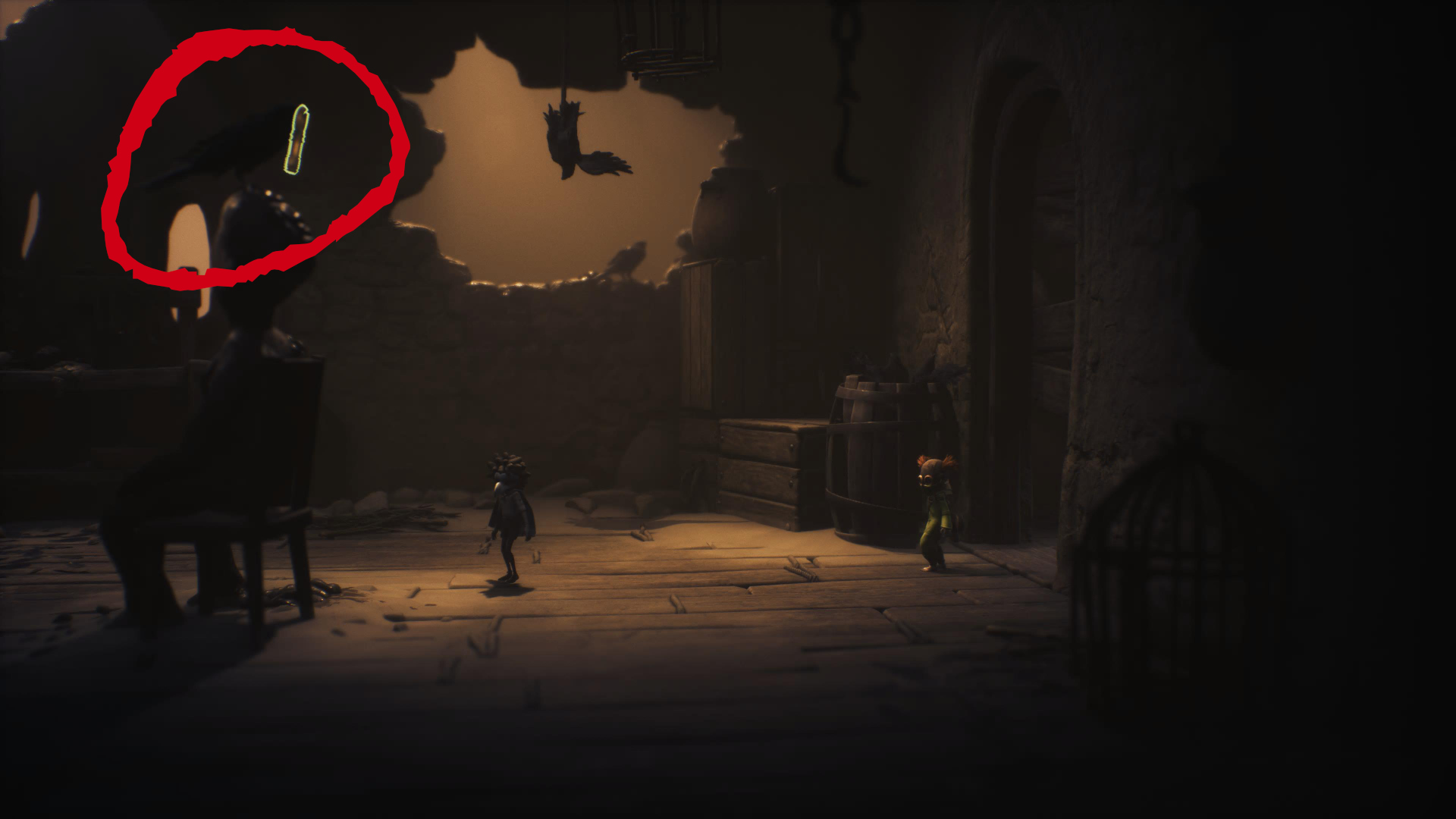 Ubicación de tres cuervos, incluyendo uno en la cabeza de un cadáver sosteniendo una llave en Little Nightmares 3